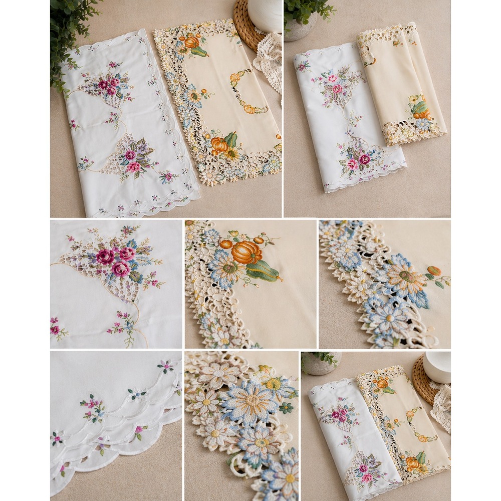 Embroidered‎ Table Runners Set Floral Cutwork Lace Colorful Cottage Decor